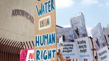 Decenas de manifestantes se dieron cita ayer frente a la planta de Nestlé en California.