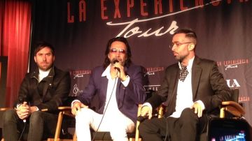 De izq. a der., Pablo Hurtado, Marco Antonio Solís y Mario Domm anuncian nueva gira y comparten experiencias profesionales en Los Ángeles.