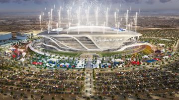 En este dibujo se puede apreciar el moderna y atractivo diseño del estadio del proyecto de Carson, que sería construido cerca de los freeways 405 y 110.