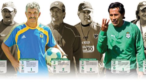 Tuca Ferretti y Benjamín Gálindo,  en primer plano, son los dos estrategas responsables de  Tigres y Santos en la final del futbol mexicano. Atrás, otros históricos.