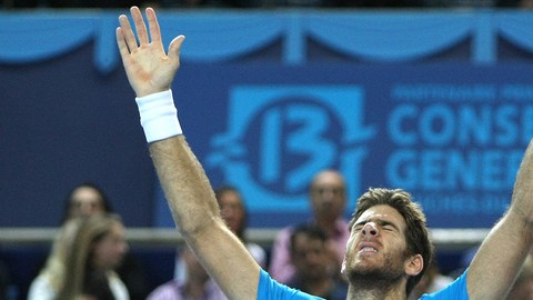 Juan Martín del Potro parece orar después de su resonante triunfo.