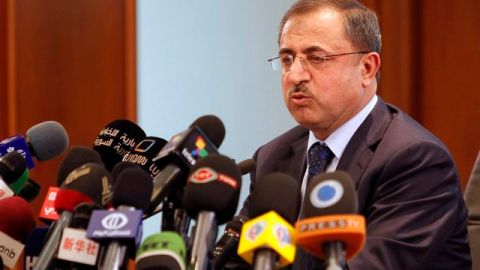 El ministro del Interior sirio, Mohammad Ibrahim al-Chaar, ofrece una rueda de prensa en Damasco, Siria, en relación con el referéndum para la Constitución.