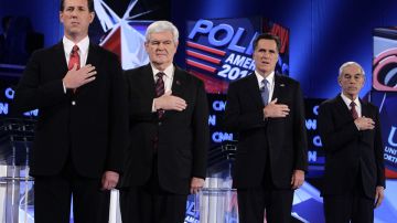 Rick Santorum, Newt Gingrich, Mitt Romney y Ron Paul, aspirantes a la candidatura presidencial del Partido Republicano en las elecciones de 2012.