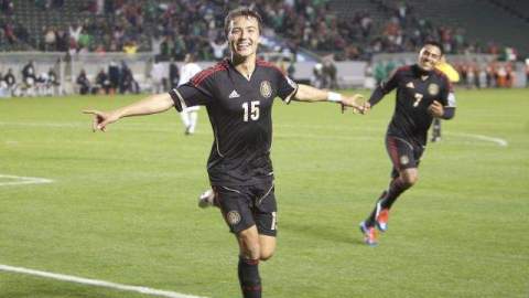 El jugador de México Erick Torres celebra su anotación ante Panamá durante el partido preolímpico de la Concacaf.