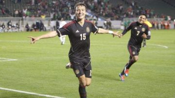 El jugador de México Erick Torres celebra su anotación ante Panamá durante el partido preolímpico de la Concacaf.
