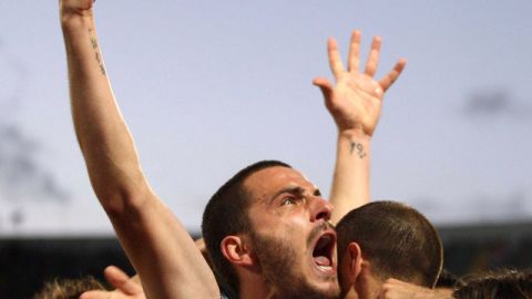 Leonardo Bonucci celebra tras su anotación ante el Palermo.
