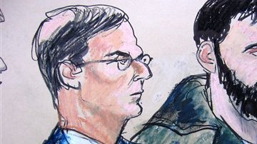 Dibujo de la corte con el abogado Robert Gottlieb y su cliente Adis Madunjanin.