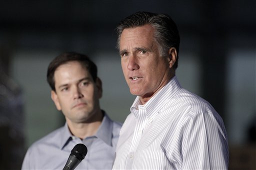 Standing next to Rubio, Romney demurs on VP search