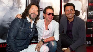Marco Antonio Solís, Marc Anthony y Chayanne ayer durante el anuncio de su gira 'Gigant3s'.