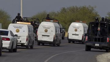 La policía federal escolta a los camiones de forenses con decenas de cuerpos, algunos de ellos mutilados, encontrados en una carretera en la ciudad de San Juan, cerca de Monterrey, México.