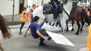 Imagen de un video donde se aprecia a un agente de la policía montada de Houston desplazando con su caballo a un sindicalista del SEIU.