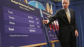El gobernador de California Jerry Brown apunta a una gráfica en la que describe su plan de finanzas para el estado.