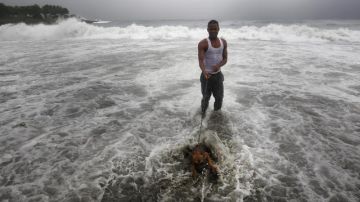 Un hombre pasea con su perro en el mar, donde se registra fuerte oleaje por el paso de la tormenta tropical Ernesto, ayer.