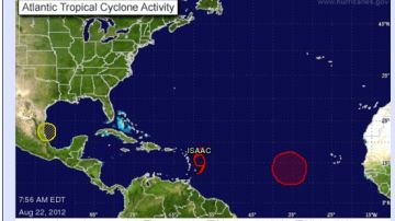 Este es el mapa más reciente que comparte el Centro Nacional de Huracanes sobre la trayectoria de la tormenta tropical "Isaac".