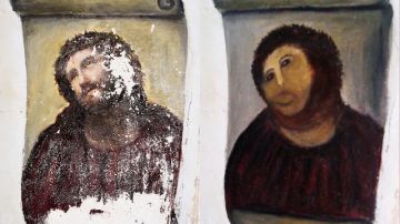 Las restauración de la pintura Eccehomo que ha provocado que curiosos acudan al santuario de Borja.