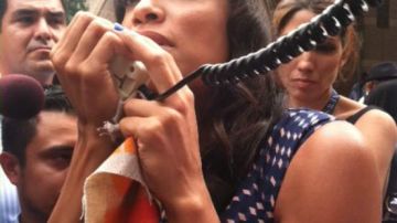 La actriz Rosario Dawson expresó su solidaridad con el movimiento pro inmigrante y se dirigió a los que estaban siendo arrestados por un megáfono.