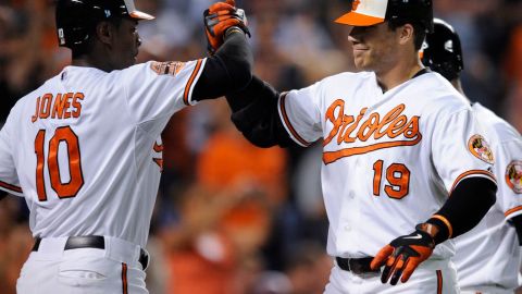 Chris Davis y Adam Jones de los Orioles celebran la paliza que le propinaron a los Azulejos de Toronto.