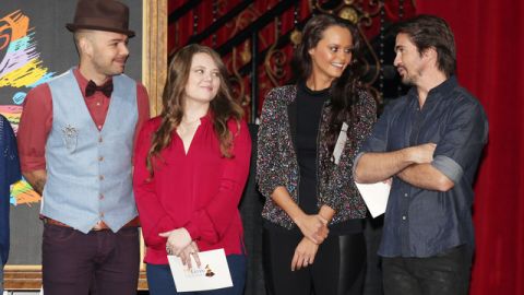 Jesse & Joy, Shaila Dúrcal y Juanes durante el anuncio de las nominaciones de ayer.