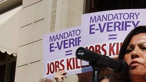 Una pequeña empresaria protesta contra el programa E-Verify.