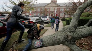 Una mujer y su hijo pasan por encima de un árbol para llegar hasta la escuela pública 195, en Manhattan Beach, Brooklyn, ayer.