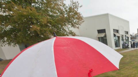 Voters line up in the rain this morning in Little Rock, Arkansas.