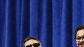 El equipo negociador de las FARC, cuando comparecía en una rueda de prensa, en el hotel Hurdalsjoen cerca de Oslo, Noruega.