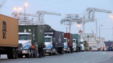 Camiones varados durante la última semana a lo largo de Midle Harbor Road, al no poder entrar al puerto de Los Ángeles debido a la huelga.