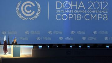 El secretario general de Naciones Unidas, Ban Ki-moon, pronuncia un discurso durante la Cumbre de las Naciones Unidas Sobre Cambio Climático (COP18) que se celebra en Doha, Catar.