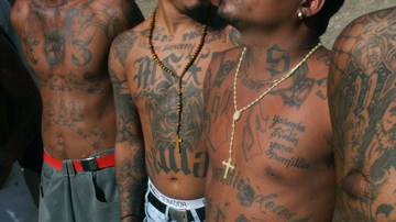Miembros de la Mara Salvatrucha muestran sus cuerpos tatuados que hablan de su lealtad con la organización.