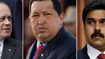 El presidente de la Asamblea Nacional, Diosdado Cabello (izq.), el presidente de Venezuela, Hugo Chávez (centro), y el vicepresidente Nicolás Maduro.