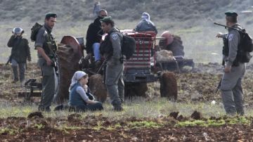 Soldados israelíes intentan desalojar a colonos judíos que intentan impedir a palestinos que trabajen sus tierras en Jaloud, Palestina.