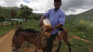 En esta foto del 2011, Josué Ordoñez lleva una bolsa de comida de 60 libras que le han dado en el programa estatal llamado "Cero hambre" en San Vicente, Venezuela.
