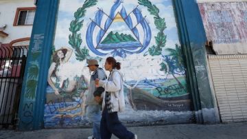 Un mural que contiene el símbolo patrio de El Salvador se observa en una calle del sector Pico Union, en Los Ángeles.