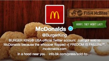 Este es el cuadro con superposición de textos que apareció en la cuenta de  Twitter de Burger King y que fue introducida por  piratas cibernéticos.