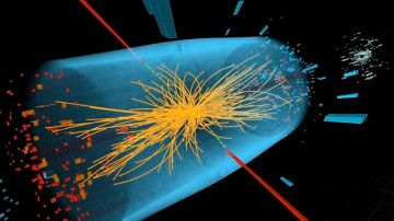 Gráfico que ilustra la colisión de partículas realizada en búsqueda del bosón de Higgs.
