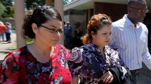 Priscilla Rodriquez, center, the mother of murder victim of Leila Fowler, leaves the Calaveras County Courthouse, in San Andreas, Calif.,  after the arraignment of  her 12-year-old son for Leila's  murder, Wednesday, May 15, 2013.  Leila Fowler, 8, was stabbed to death in her Valley Springs home, last month.  The defendant was charged with second-degree murder and a special allegation for use of a dangerous weapon for the death of Leila Fowler. No plea was entered. (AP Photo/Rich Pedroncelli)
