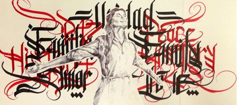 Tim Alamillo usó el estilo “caligrafiti” para dibujar las palabras en colores negro y rojo que rodean el cuerpo de la mujer.