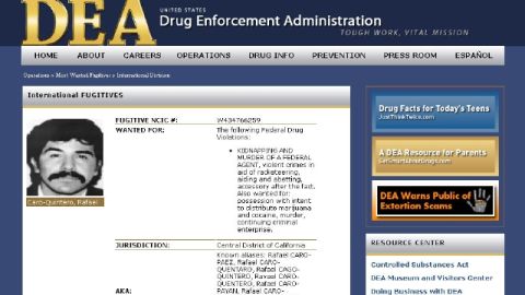 Rafael Caro Quintero en la lista de fugitivos internacionales de la DEA. Caro Quintero fue liberado en México, el viernes pasado.