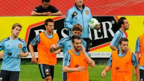 El entrenador de la selección española, Vicente Del Bosque (c-fondo), durante un entrenamiento