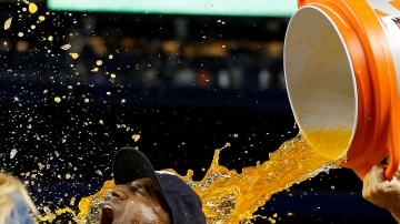 Brett Gardner le da un baño al  paracorto Eduardo Núñez para celebrar el triunfo de ayer de  los Yanquis.