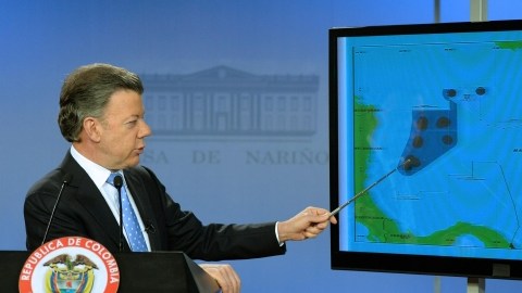 El mandatario Juan Manuel Santos, ayer, cuando afirmó que el fallo de La Haya a favor de Nicaragua 'no es aplicable'.