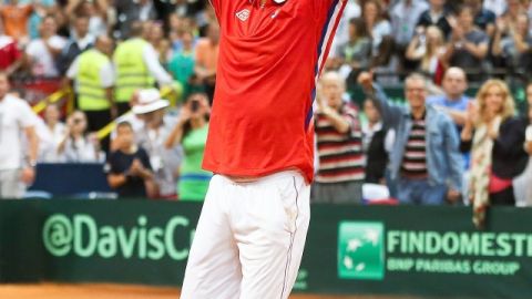 El serbio Novak Djokovic celebra su victoria ante el canadiense Milos Raonic en las semis. Tipsarevic (recuadro) también festeja su triunfo.