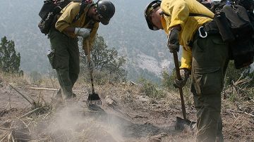 Bomberos de Granite Mountain Hotshots en Prescott, Arizona, apagando el fuego a lo largo de la montaña el pasado 2 de Junio.