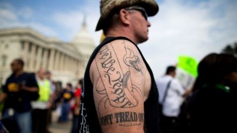 Greg Cummings de Cincinnati y partidario del "Tea Party" observa la manifestación que llevan a cabo empleados federales en el Capitolio.