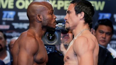 Timothy Bradley (i), se enfrenta a Juan Manuel Márquez después del pesaje para la pelea de peso welter por el título mundial OMB en Las Vegas el sábado.