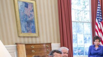 El presidente Barack Obama y el viceresident Joe Biden sostienen una reunión con líderes religiosos en la Oficina Oval de la Casa Blanca, para tratar el tema de la reforma migratoria.