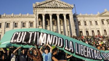 Una marcha en apoyo a la legalización de la marihuana realizada entre la céntrica plaza Cagancha (Libertad) y el Palacio Legislativo, por la ley que legaliza la producción y venta de la marihuana en Uruguay.