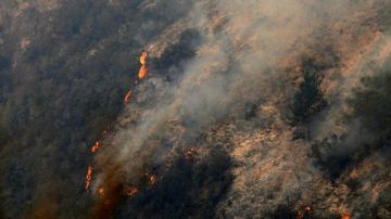 Las llamas se arrastran por una ladera mientras los bomberos combaten un incendio en la zona de Pfeiffer Ridge en Big Sur, California.