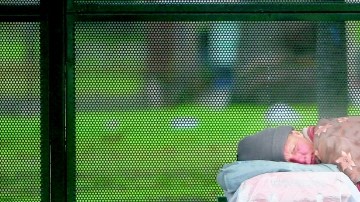 Una persona sin hogar duerme en una parada de buses del Parque MacArthur.