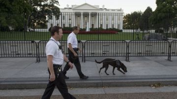Efectivos del Servicio Secreto estadounidense patrulla junto a la valla norte de la Casa Blanca.